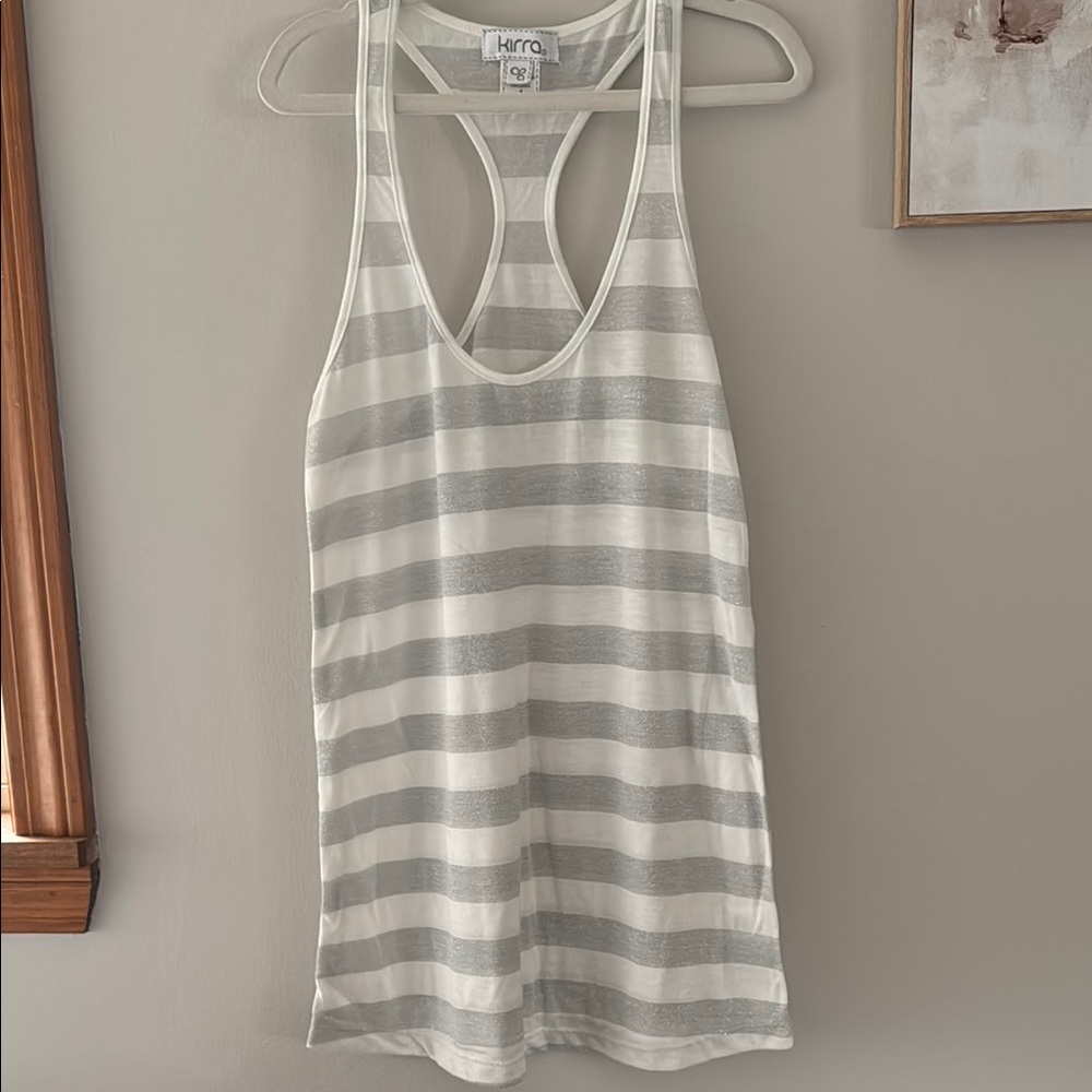 Kirra Gray and White Striped Racerback Tank